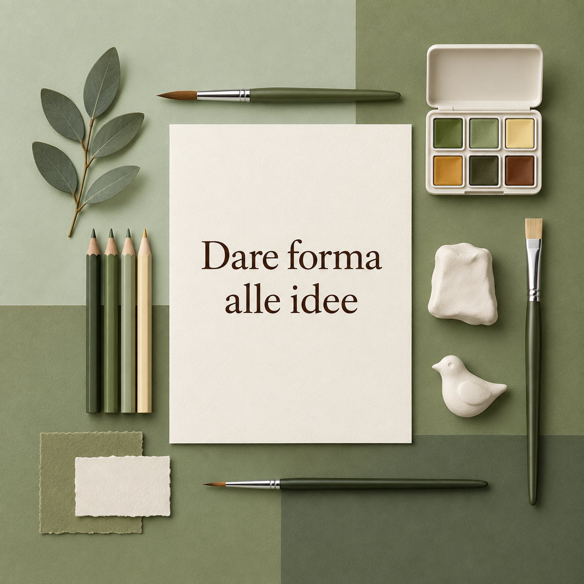 Dare forma alle idee: colori, pennelli e pasta da modellare su fondo verde salvia