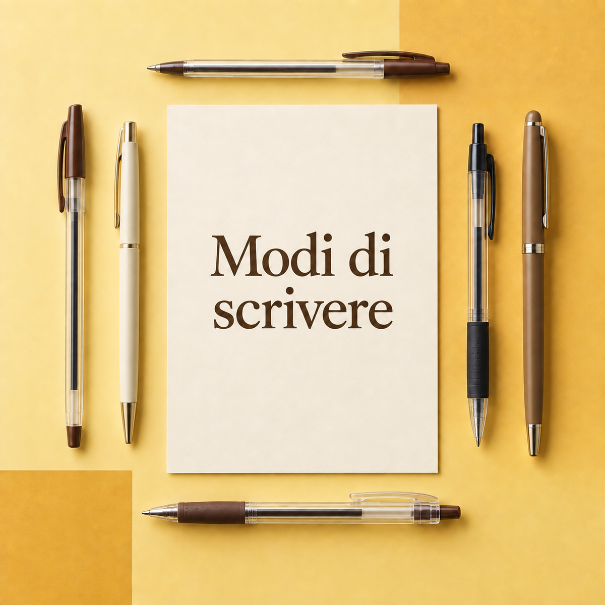 Modi di scrivere: penne disposte intorno a un foglio avorio su fondo giallo