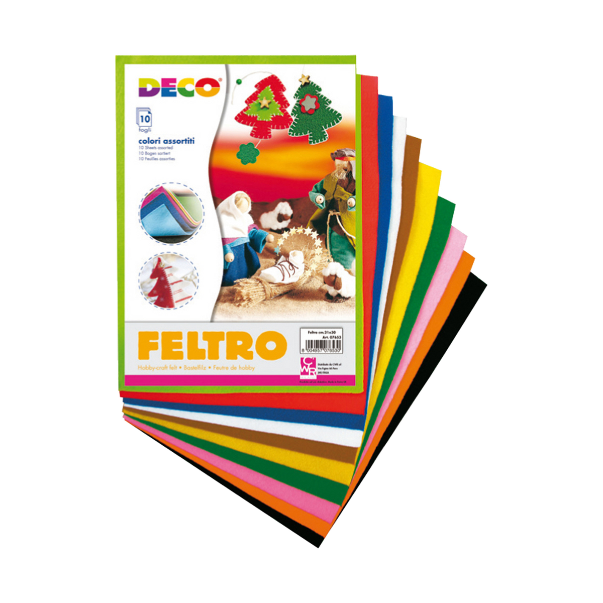Feltro colorato Deco 07653, 10 fogli assortiti da 21 × 30 cm