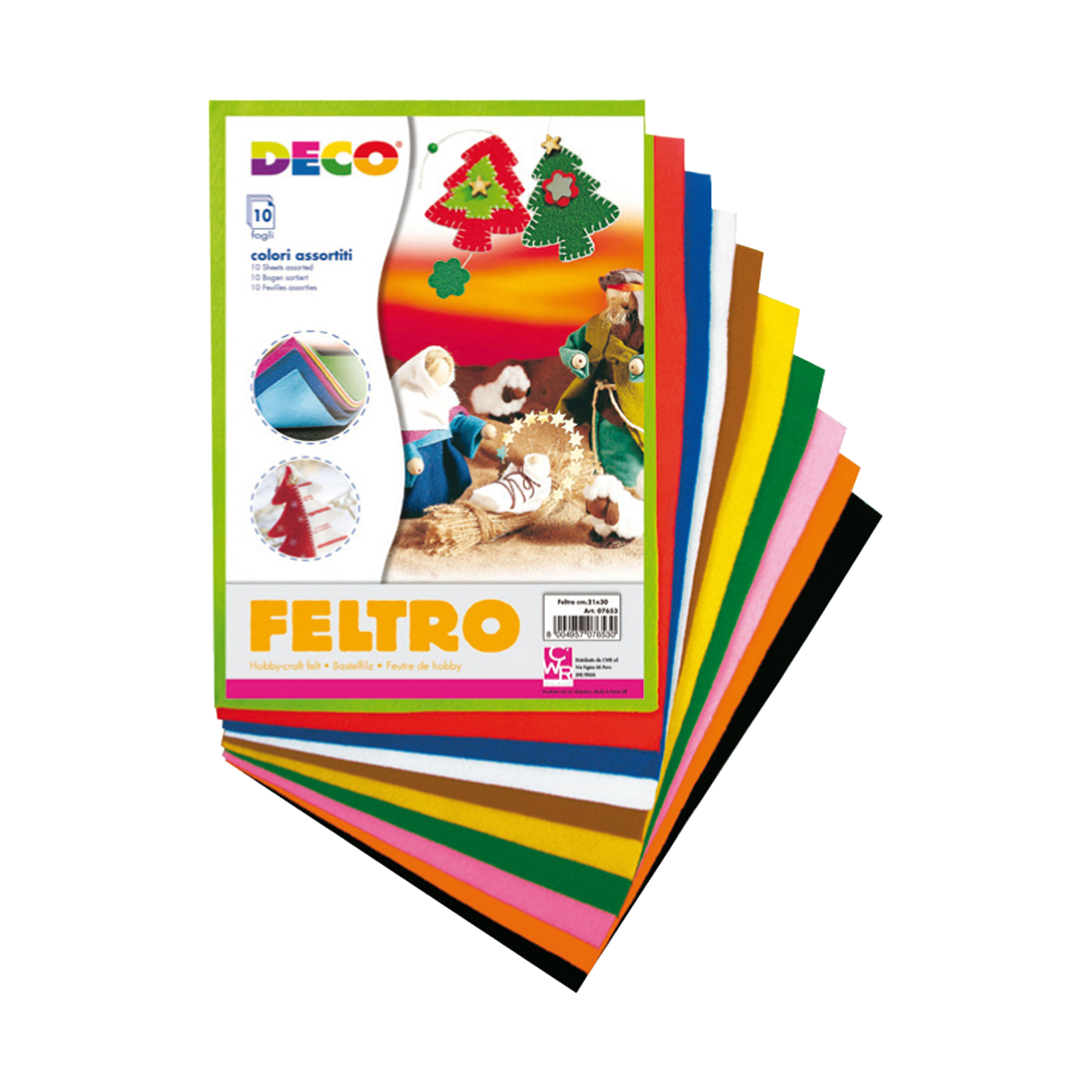 Feltro colorato Deco 07653, 10 fogli assortiti da 21 × 30 cm